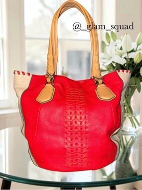 orYANY Lyssie Soft Pebbled Leather Colorblock Tote Bag Red Beige EUC